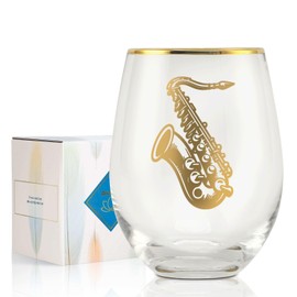Onebttl Saxophone Gifts, Jazz Gifts for Jazz Lovers, 17 oz Stemless Wine Glass with Foil Stamping Pattern