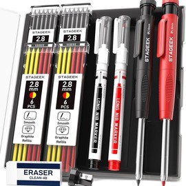 STAGEEK Carpenter Pencils Set with Case, 3PCS Mechanical Carpenter Pencils with 39 Refills, Heavy Duty Construction Pencil with Sharpener, Deep Hole Long Nib Marker Pens for Architect Marking:_2 Pack
