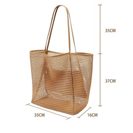 MSLSOZ Reusable Shopping Bag, Mesh Beach Tote Bag, 22L Khaki Shopping Bag with Double Handles, Bag for Women