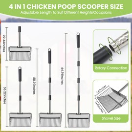 Eikovia Chicken Coop Accessories,15" Large Metal Chicken Poop Scooper, 22" to 65" Chicken Manure Shovel with Stainless Steel Handle, 4 in 1 Multifunctional Heavy Duty Pooper Scooper