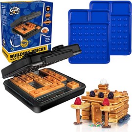 Building Brick Electric Waffle Maker - BLACK - with 2 Construction Eating Plates - Cook Fun, Buildable Waffles in Minutes - Revolutionize Breakfast, as seen on Kickstarter - Stack & Build on Serving Dishes