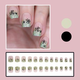 24Pcs Green French Tip Press on Nails with Glitter Design Short Square Fake Nails Lucky Clover Glue on Nails St Patrick's Day False Nails Cute Shamrock Artificial Stick on Nails for Spring Manicure