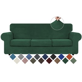 WEERRW 4 Pieces Velvet High Stretch Couch Covers for 3 Cushion Couch Sofa Slipcovers, Washable Furniture Protector with Non Slip Elastic Bottom, Feature Soft Plush Fabric, Emerald Green, Large
