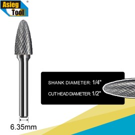 Asieg Tool SF-5 Tungsten Carbide Tree Shape Radius End Shape Double Cut Rotary File Burr - 1/4'' Shank, 1/2'' Cutter, 1'' Length - 10Pcs