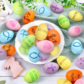 Wettarn 36 Pcs Religious Easter Speckled Eggs Pastel Jesus Lives He Is Risen Rejoice Cross Plastic Eggs Christian Basket Vase Fillers for Easter Sunday School Home Party Decoration