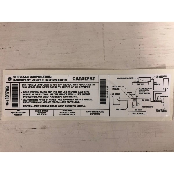 Collins Brothers 1998 TJ Wrangler 2.5 Emission Decal / Sticker