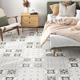 Skyblur Boho Peel and Stick Floor Tile Bathroom 12x12 Inch 12 PCS Kitchen Backsplash Tile Decals DIY Vinyl Flooring Sticker for Kitchen Bedroom Black and White Peel and Stick Floor Tile Waterproof