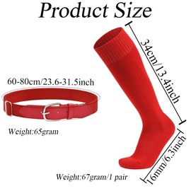 VASANA Red Baseball Socks and Belt Set Adjustable Softball Socks Elastic PU Leahther Waist Belt Sport Accessory for Unisex Youth (Suitable for Shoe Sizes 26-34 EU/18-22 CM)