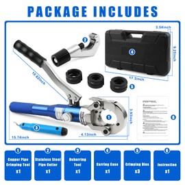 Delgada Copper Propress Tool Hydraulic Copper Pipe Crimping Tool with 1/2" 3/4" 1" Jaws, Pipe Cutter and Deburring Tool, for Plumbing Narrow Space and Tee Fittings