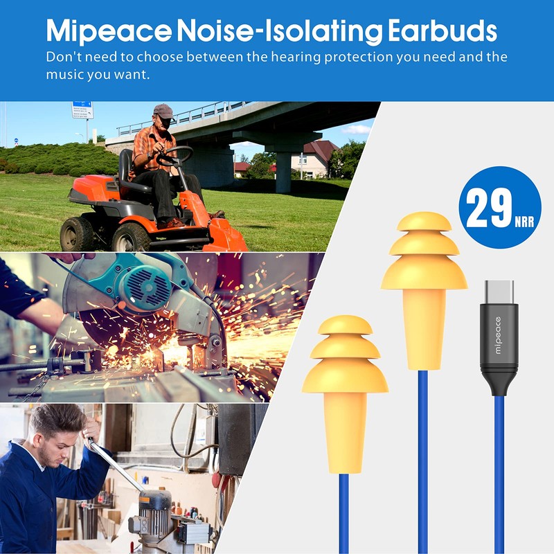 MIPEACE Ear Plug Headphones for Work, Work Earbuds USB Type