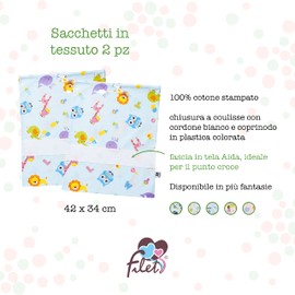 FILET - Set of 2 Asylum Bags in Cotton Printed, Changing Bags, Baby Equipment, Shoe Bag with Canvas Aida to Embroidery, Made in Italy, 42 x 34 cm, Fantasy Letters and Animals Sky