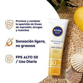 NIVEA SUN Protector Solar Facial Anti - edad (50 ml), Enriquecido con Q10, Bloqueador solar FPS 50 , no Grasoso para Todo Tipo de Piel  Protector...  