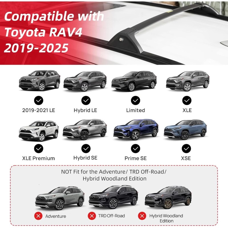 220lbs Lockable for Toyota RAV4 2019-2025 Roof Rack Rail Cross