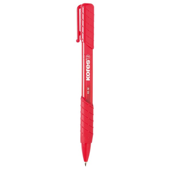 Kores K6 Retractable Ball Pen, Medium - 1mm, Red, Soft Grip, Triang. (Box of 12)