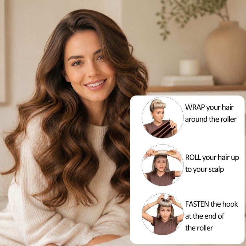 8 Pcs Brown Hair Rollers with Hooks & Satin Hat