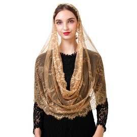 PAMOR Spanish Style Lace Traditional Vintage Inspired Infinity Shape Mantilla Veil Latin Mass Head Covering (Beige)