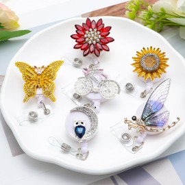 Cute Glitter Crystal Nurse Badge Reel Holder Retractable Bulk 6 Pcs Funny Bling Rhinestone Nursing Student Badge Clip Pack Sunflower Owl Frog Dragonfly Butterfly Medical ID Name Card Accessories