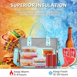 HMLIN OUTOOORS Insulated Lunch Bag, Women's Cute Lunch Box with Bottle Holder & Adjustable Shoulder Strap - Work Lunch Bag - Green Gray