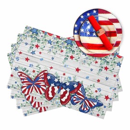 4th of July Placemats American Flag Butterfly Leaf Place Mats for Dining Table Patriotic Stars Independence Day Washable Table Mats for Kitchen Dining Decorations Set of 6