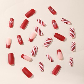 Christmas Press on Nails Medium Square with French Red White snowflake Designs,Xmas Fake Nails Red Full Cover Stick on Nails French Tips False Nails Gel Glue on Nail for Women Winter 24Pcs