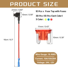 DMiotech Fuse Tap 24V 12V Car Add A Circuit Adapter Blade Fuse Taps Kit 10A, 15A, 20A Fuses for Automotive Trucks Marine, 10pcs Yellow, Red, Blue