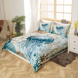 Jellyfish Duvet Cover Ocean Decor Twin,Kawaii Marine Life Bedding Set Ocean World Map Comforter Cover for Girls Women Boys,Starfish Reptile Bed Set Tropical Hawaii Beach Decor