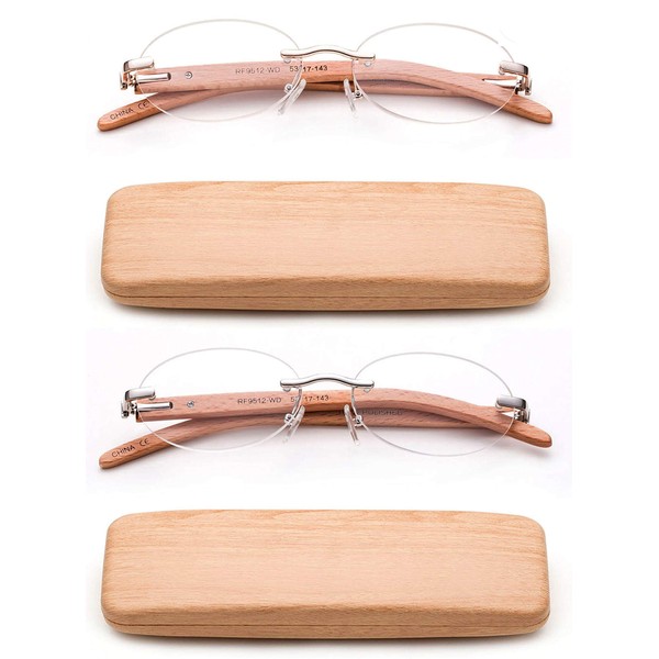 Newbee Fashion-2 Pack Lightweight Real Wood Temple Reading Glasses Stylish Rimless Design Oval Shape Spring Hinge Comfortble Fit with Case Wood Reading Glasses for Women