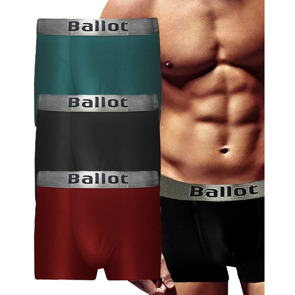 BALLOT Men's Boxer Shorts, Underwear, Water Absorbent, Quick Drying, Silky Feel Underwear, Set of 3, 3 Colors (Black/Red/Green)