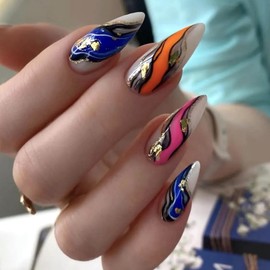 MERVF Almond Press on Nails Medium Fake Nail Colorful Lines Glue ons Acrylic Nails Glitter Swirls Design Stiletto Supplies DIY Manicure Glossy 24pcs