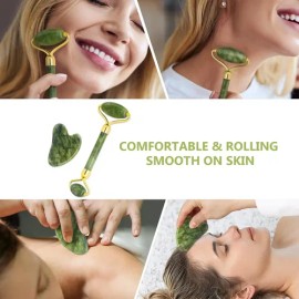 Rodillo Masaje Facial Gua Sha De Jade Antienvejecimiento Kit                                                                                          