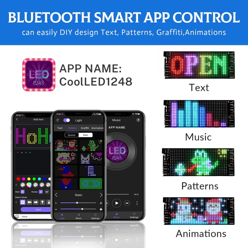 Mini Scrolling LED Car Sign,Bluetooth USB 5V Flexible Panel 7''x3''