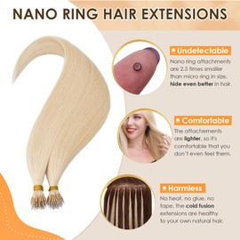 Elailite Nano Beads Hair Extensions Real Human Hair 50 Strands 35g Nano Rings Nano Tip Cold Fusion Remy Hair Straight (#60 Platinum Blonde, 20 Inch)