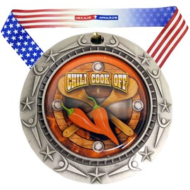 Decade Awards Chili Cook-Off Medal World Class Engraved Medal, Silver - 3 Inch Wide Chili Competition Medallion with Stars and Stripes American Flag V Neck Ribbon - Customize Now