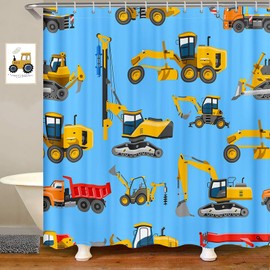 ZCHOMI Construction Vehicles Shower Curtain for Kids Yellow Truck Excavator Tractor Cars Blue Boys Bathroom Curtain Waterproof Polyester Fabric Bath Curtain 72 x 72 Inch with 12 Plastic Hooks