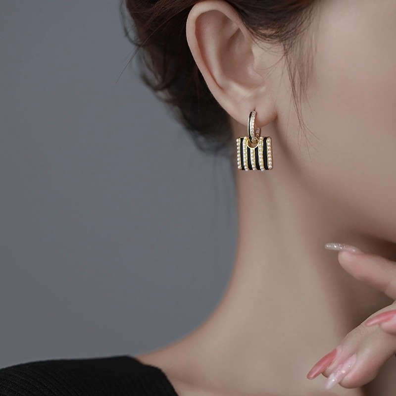 LANFUNI Pearl Hoop Earrings, Gold Plated Black and White Earrings