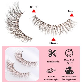 7 Pairs Brown Lash Strips, Natural Cat Eye False Lashes Wispy Volume C-Curly Brown Eyelashes with Clear Band, Faux Mink Lashes for Natural Look