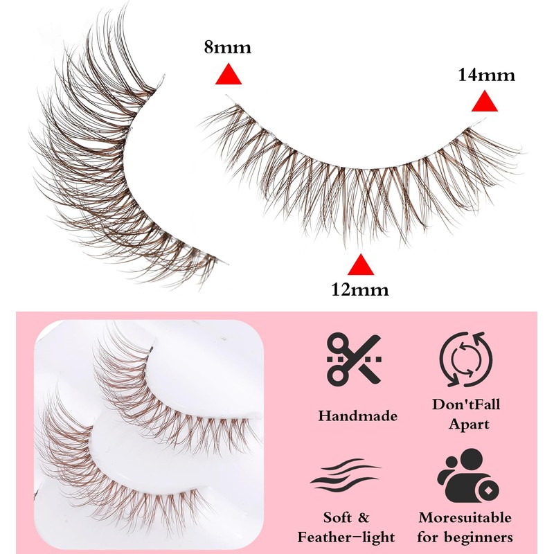 7 Pairs Brown Lash Strips, Natural Cat Eye False Lashes