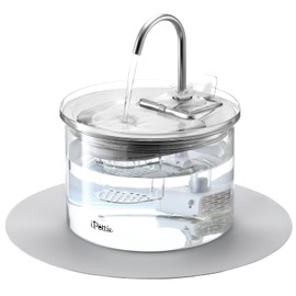 iPettie Glass Cat Water Fountain, Kitty Spout Water Fountain 68oz/2L for Cats Dogs with 2 Spray Heads, 3-Stage Filtration, Automatic Water Dispenser, Glass & Stainless Steel