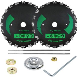 (2pack) 9" x 20T Chainsaw Tooth Brush Blades Green - Weed Eater Saw Blade Kit Replacement for Brush Cutters, String Trimmers, and Weed Wreckers (Adapter Included+2 Round Files)