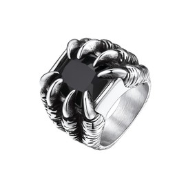 Bestyle Gothic Dragon Ring Vivid Evil Claw Hold Black Onyx Ring Synthetic Black Gemstone Signet Ring for Men, Gothic Retro Stainless Steel Biker Ring, Cocktail Statement Ring, Size 7