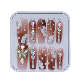 CAMILCY Press on Nails Handmade Nails Luxury Reusable Fake Nails For Girls Long Coffin Armor Gradient Brown Diamonds Hand Painted Salon Loveful Design Acrylic Gel UV Finished 3D Nails 10PCS (B20, L)