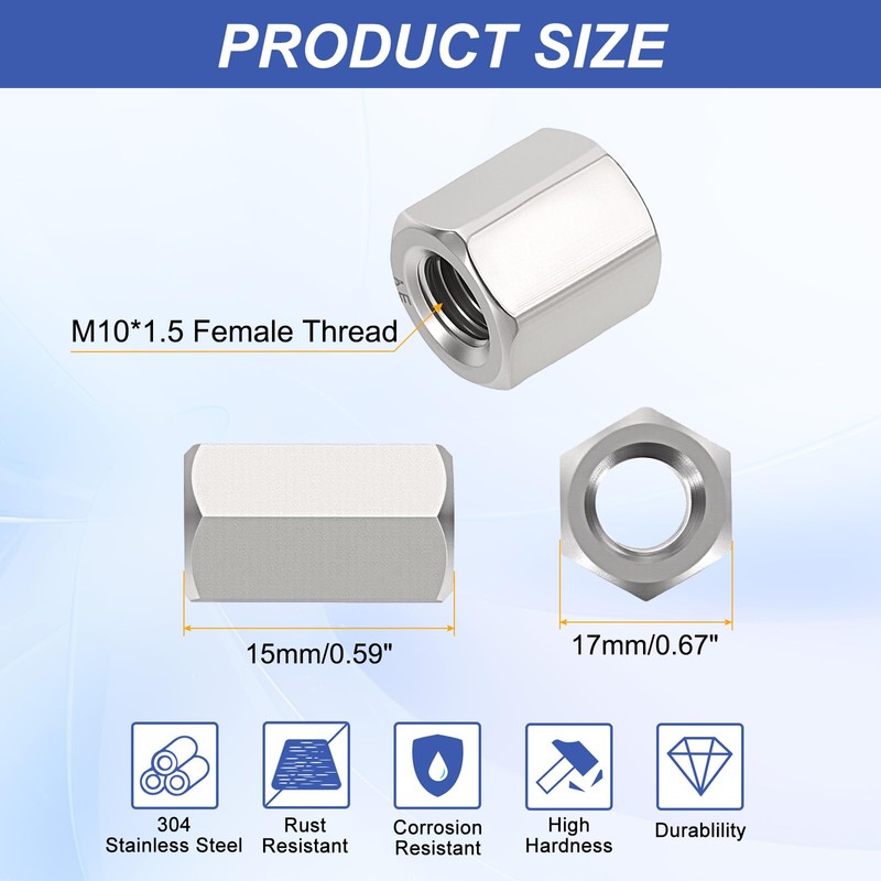 HiPicco Hex Coupling Nuts, M10 x 1.5-Pitch UNC 15mm/0.59" Length,