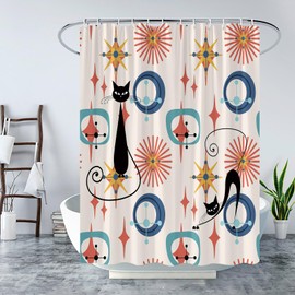 Mid Century Shower Curtain Vintage Cute Black Cat Modern Atomic Retro Abstract Geometric 1950s 60s Iconic Sputnik Decor Bathroom Curtain Set with Hook
