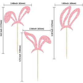 Ephlyn 24 Pcs Happy Easter Cupcake Toppers - Glitter Bunny Ear Cupcake Picks for Spring Theme Baby Showers & Kids Birthday Parties - Pink