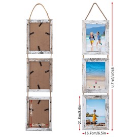 Lavezee 5x7 Collage Hanging Triple Picture Frames Set, 6 Opening Distressed White Vertical Frame Made to Display 5 by 7 Inch Photo Prints for Wall Decor
