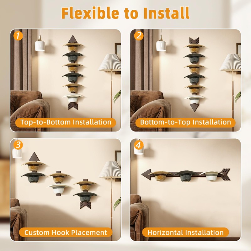Cowboy Hat Rack Wall Mount, Solid Wood Arrow Design 6