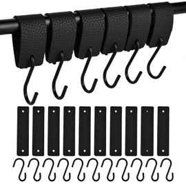 YHNDECO Pack of 10 S Hooks, Black, Metal Hooks for Hanging with Leather Loop, Multifunctional Hook for Clothes Rail, for Bedroom, Wardrobes, Kitchens