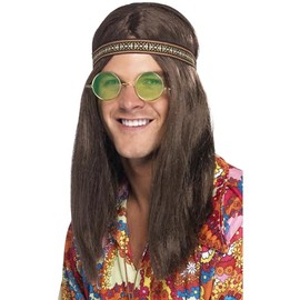 Smiffys Mens Hippie Kit, Brown with Headband, Specs and Necklace, 1960's Groovy Fancy Dress, Adult Dress Up Accessories