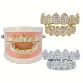 MARS2059 Golden Plated Iced-out Tooth Grillz, 1 Set Hip Hop Top Bottom Teeth Cap for Men and Women, Gold Grillz Decoration Party Accessories - Color: 1