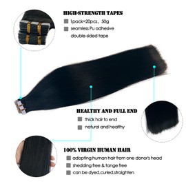 20inch Black Tape Ins Human Hair Extensions 20 Pieces Double Sided Tape in Extensions Human Hair Jet Black Hair Extensions Human Hair 50 Grams